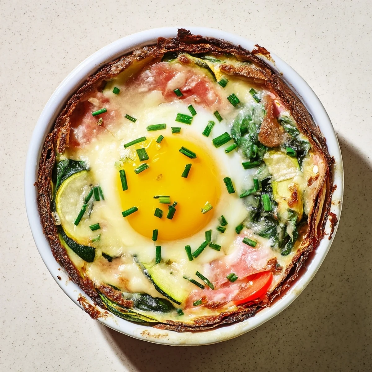 Golden Baked Eggs Napoleon layered with spinach, ham, and creamy Gruyère sauce in ramekin