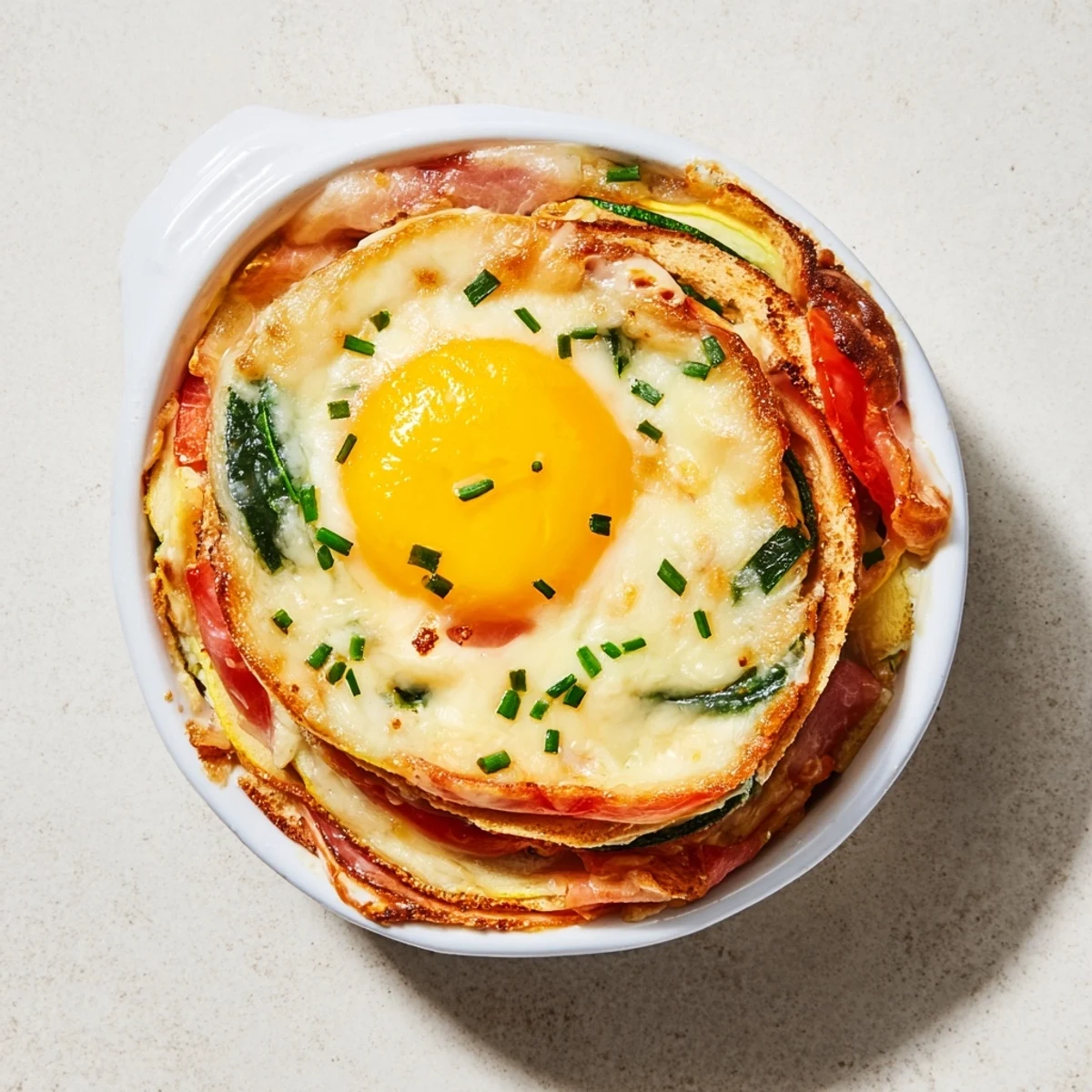 Baked Eggs Napoleon with runny yolk nestled on vegetables, ham, and melted cheese