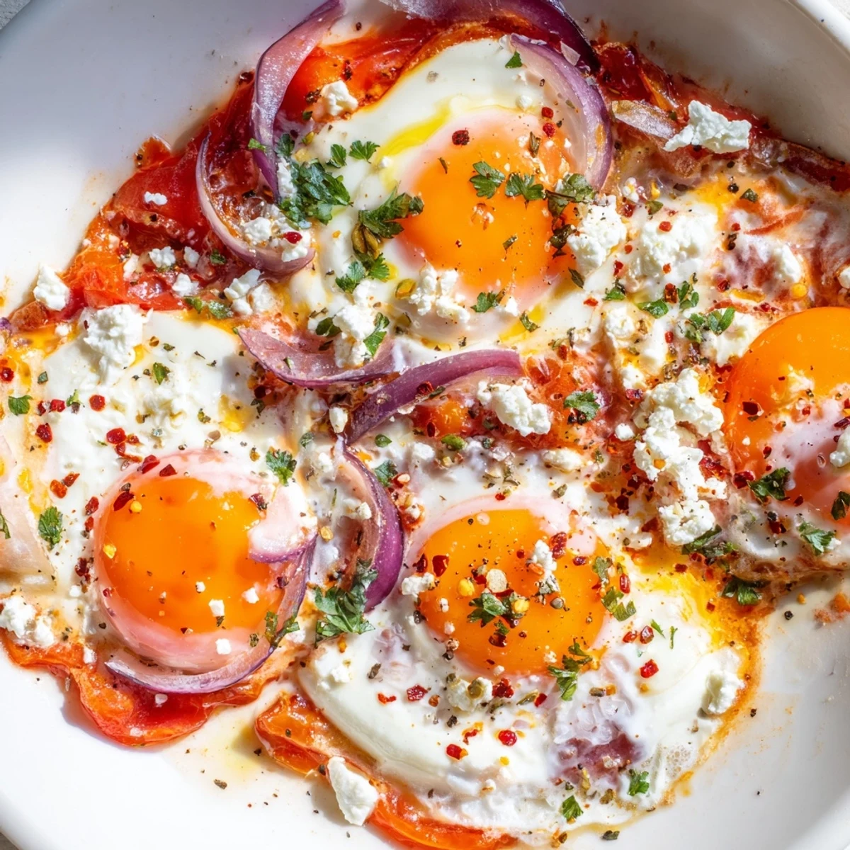 Golden baked feta eggs with runny yolks nestled in creamy cheese and roasted vegetables