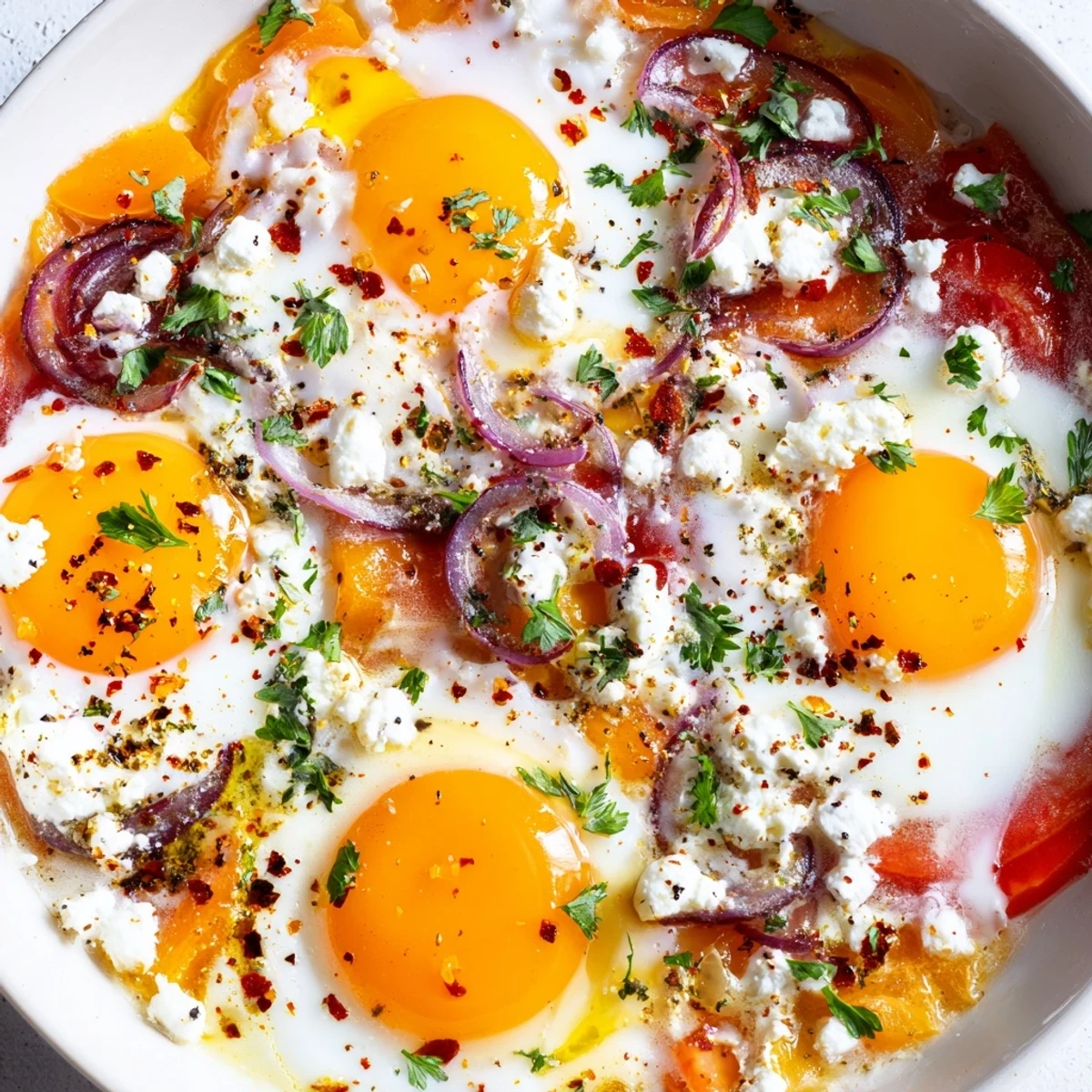 Creamy baked feta eggs sizzling in a cast iron skillet with colorful diced vegetables