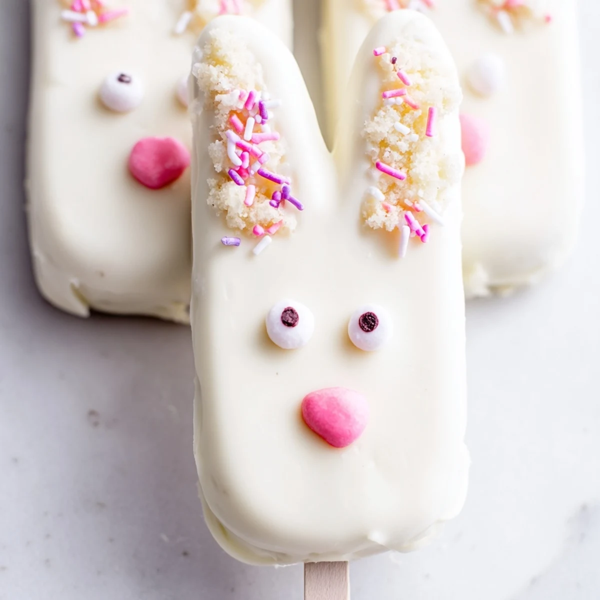 Adorable white chocolate bunny cakesicles with candy eyes on sticks for Easter celebrations