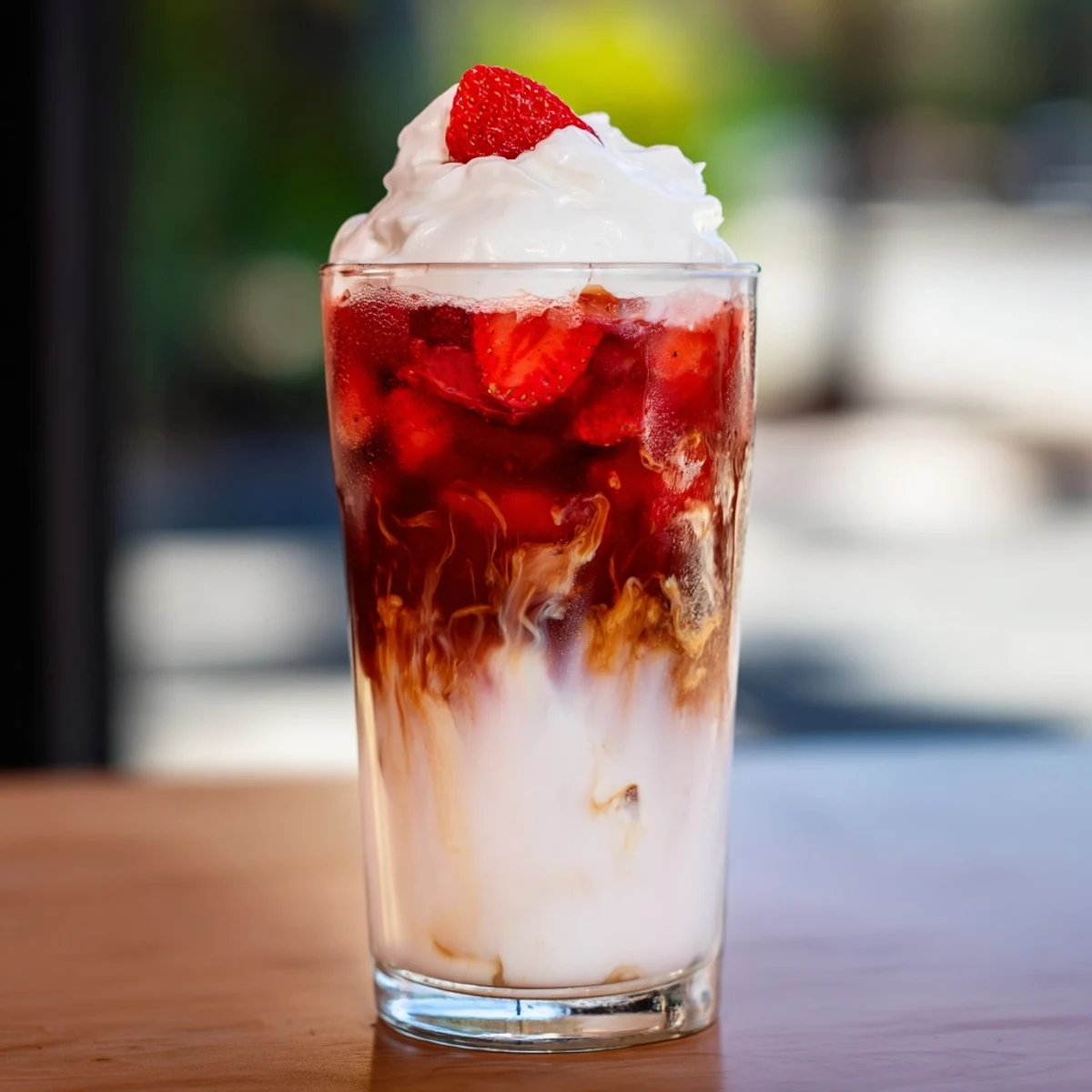 Creamy strawberry cold latte in a tall glass with ice and whipped cream topping