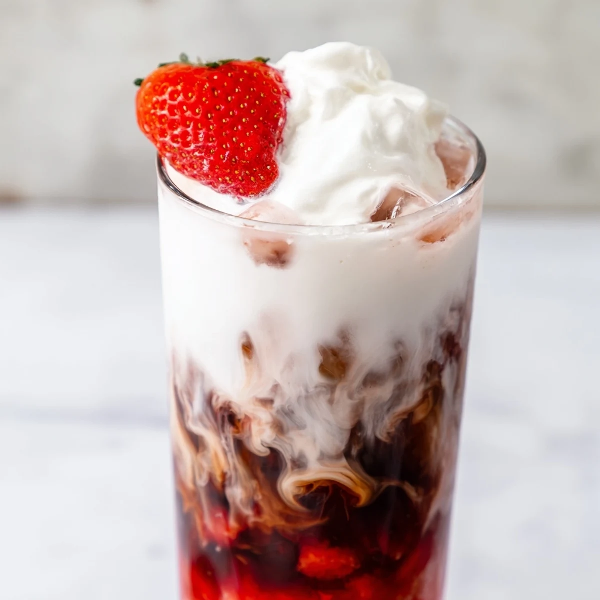 Strawberry cream cold latte with layers of pink puree and rich coffee