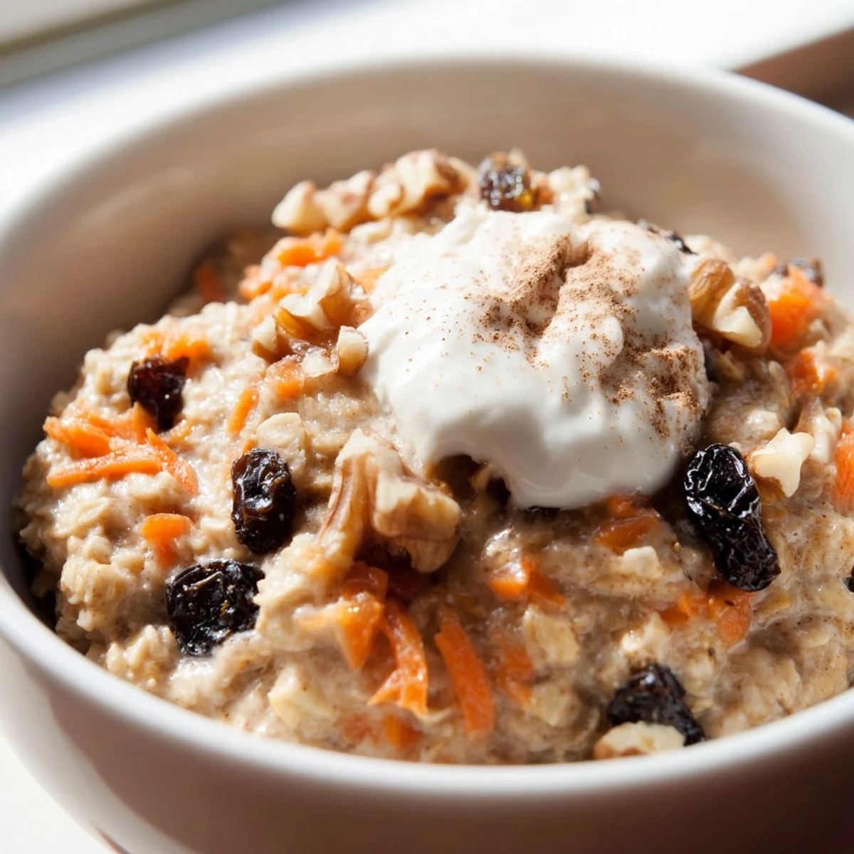 Carrot cake overnight oats speckled with grated carrots and raisins in creamy yogurt