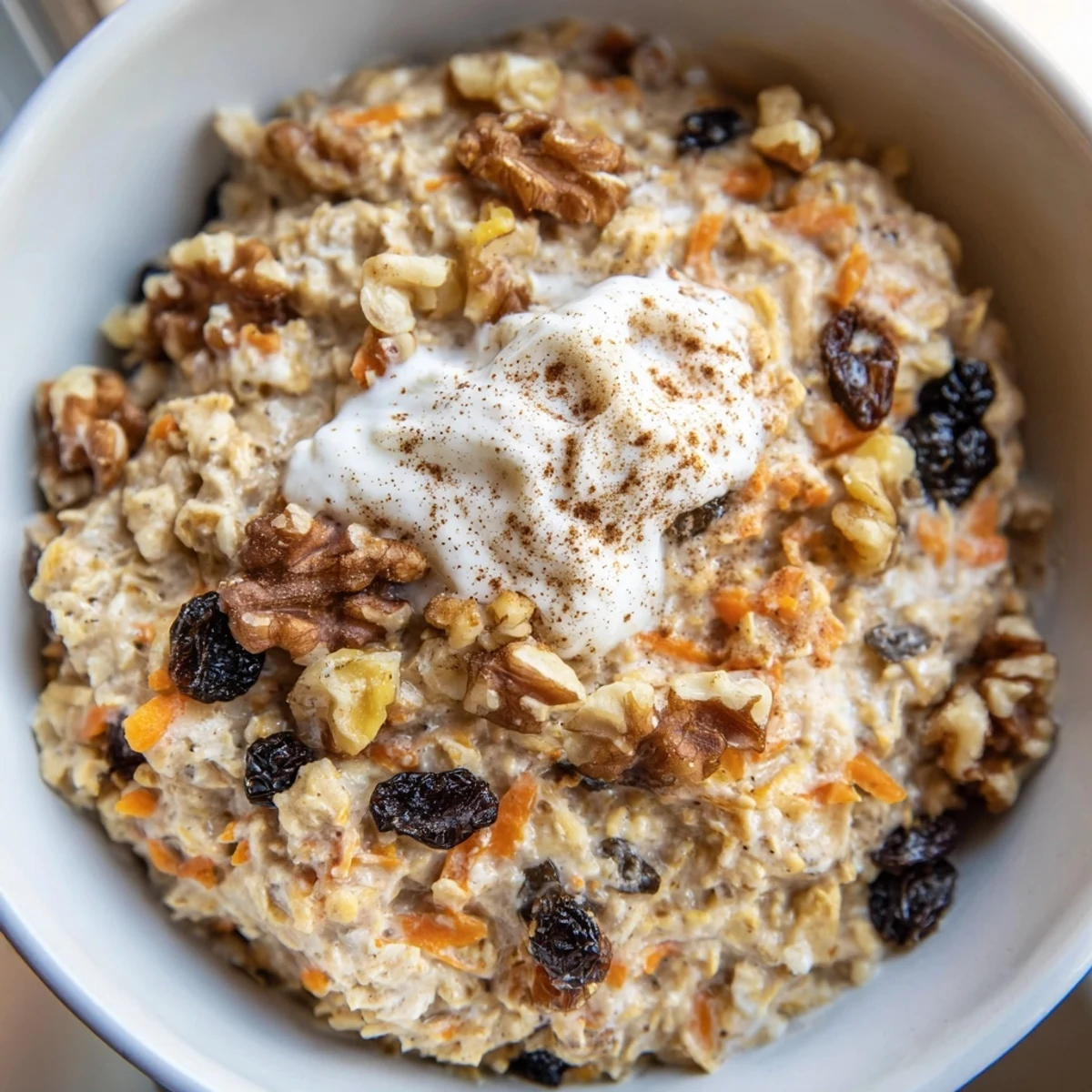 Creamy carrot cake overnight oats topped with crunchy walnuts in a glass jar