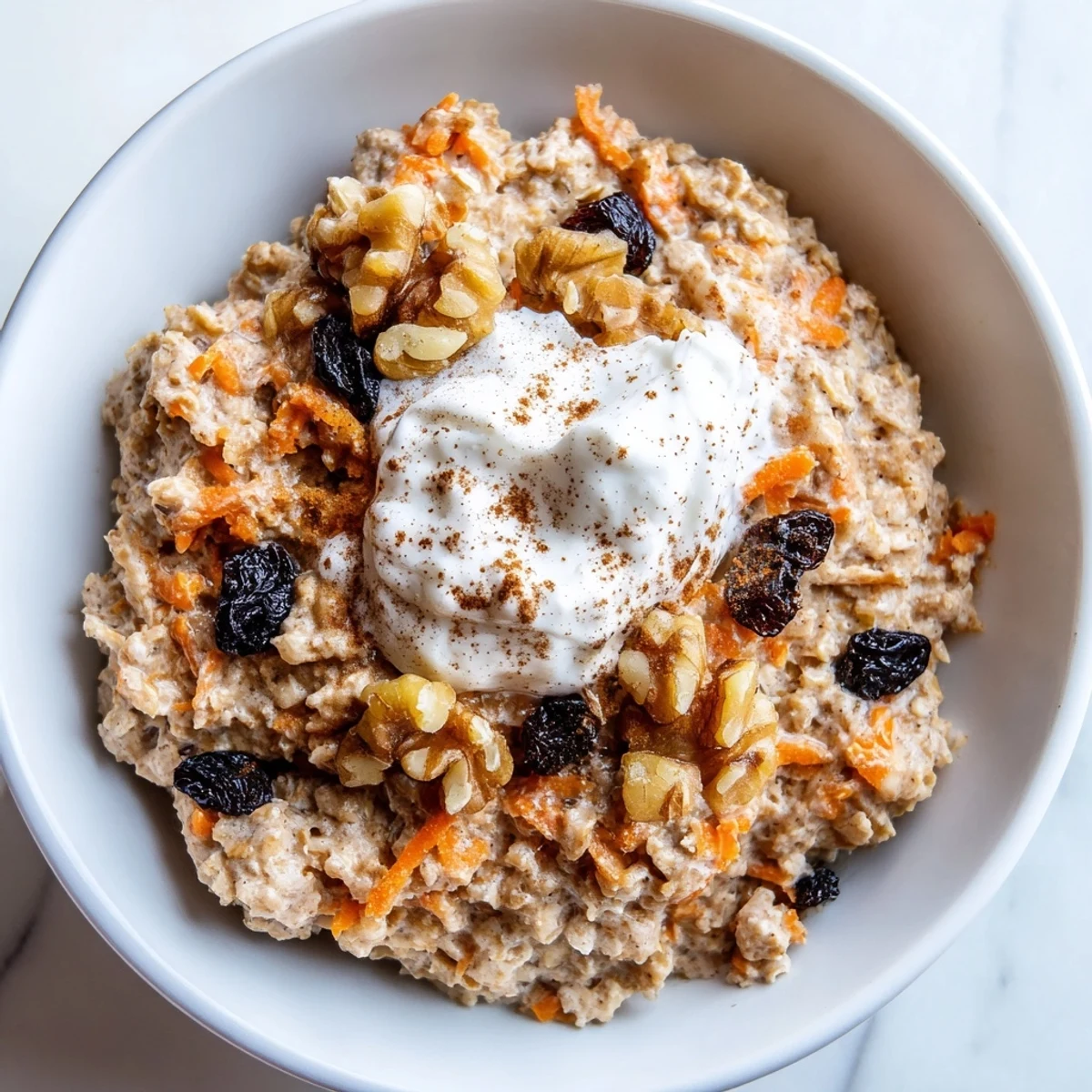 Spoon scooping through layers of spiced carrot cake overnight oats with cinnamon dust
