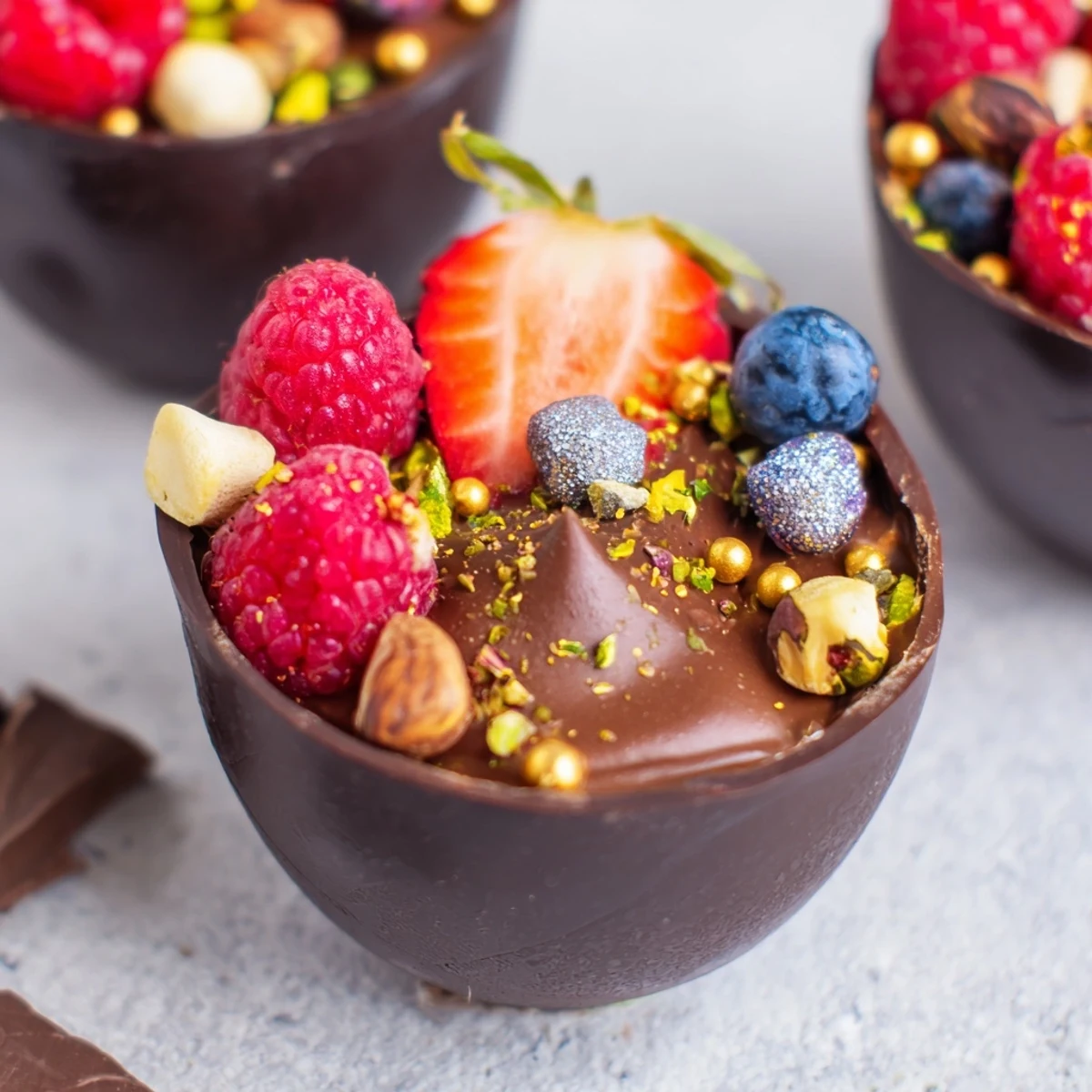 Decadent chocolate grazing cups filled with silky mousse and topped with fresh berries