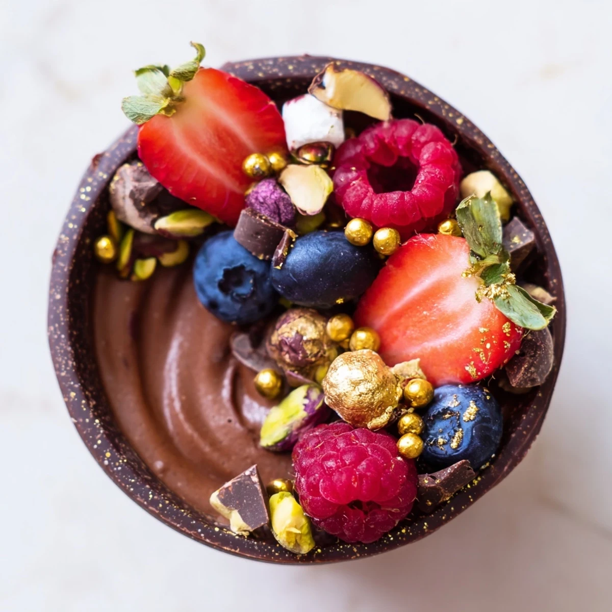 Rich chocolate mousse cups garnished with berries, nuts, and chocolate curls