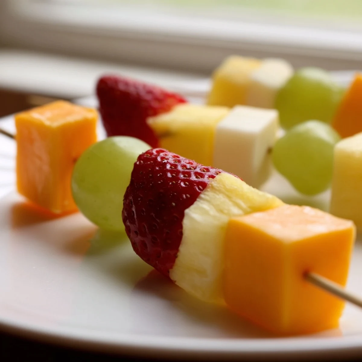 Fruit and cheese kabobs featuring red grapes strawberries pineapple and cheddar cubes