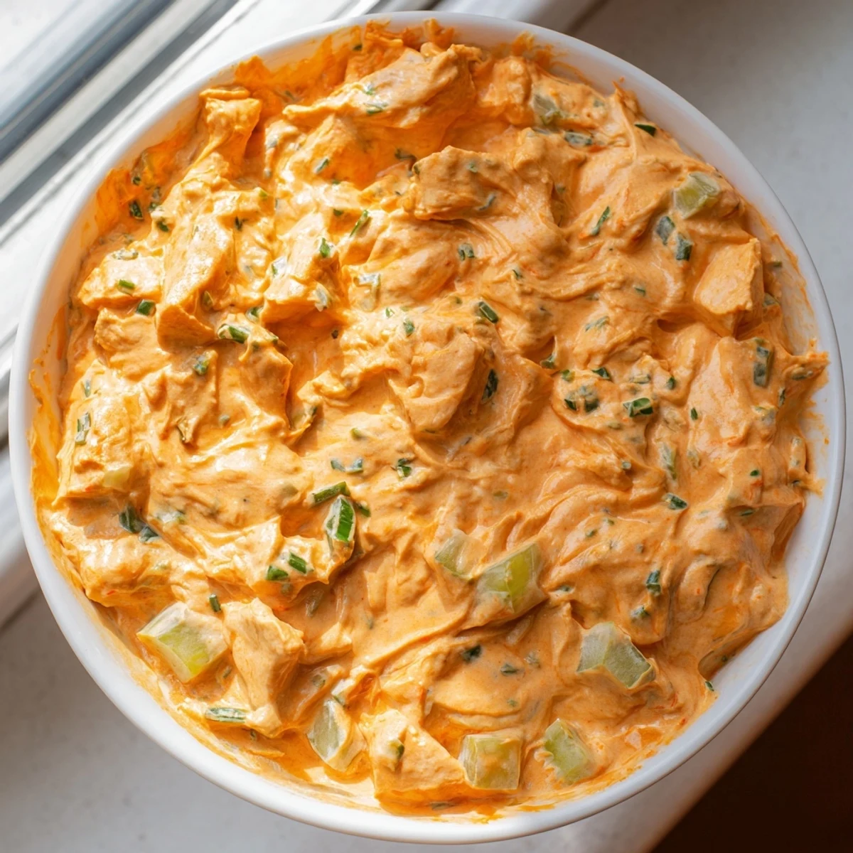 Creamy buffalo pickle dip served in a bowl with crunchy chips for game day snacking