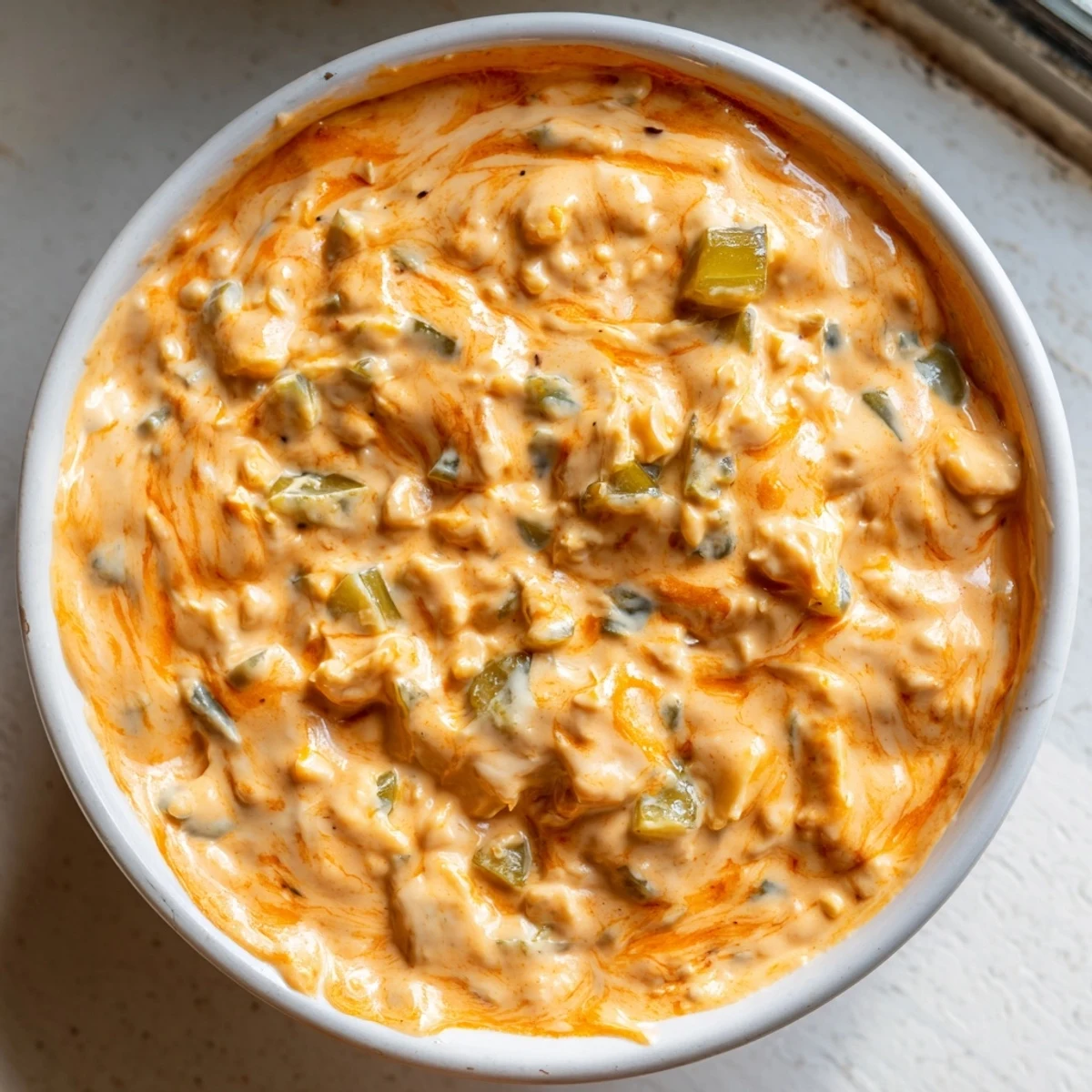 Tangy buffalo pickle dip topped with fresh chives and sliced pickles in rustic bowl