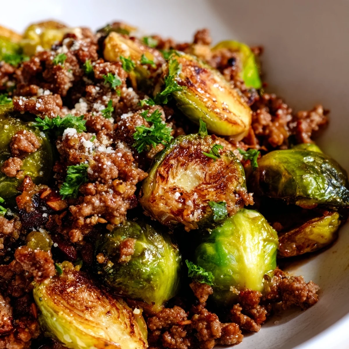 Golden ground beef and Brussels sprouts sizzle in a cast iron skillet with caramelized edges