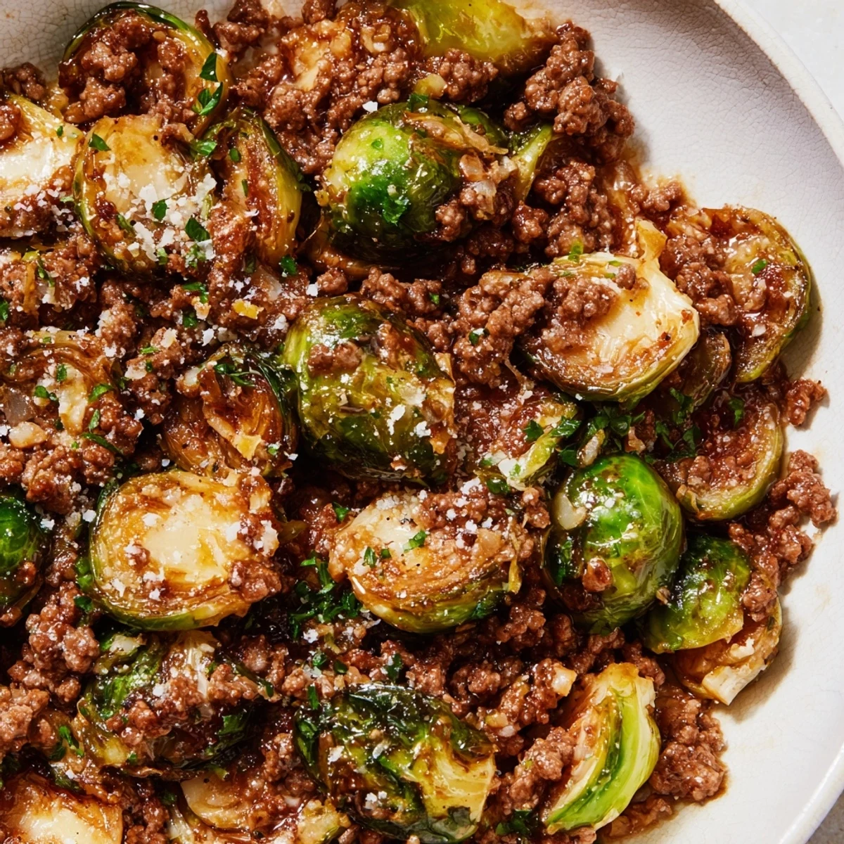 Savory ground beef Brussels sprouts skillet topped with fresh parsley and grated Parmesan cheese