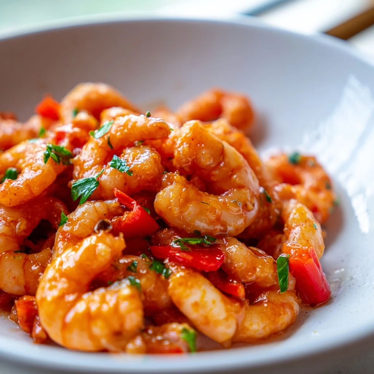 Golden garlic paprika shrimp skillet garnished with fresh parsley and bright lemon wedges