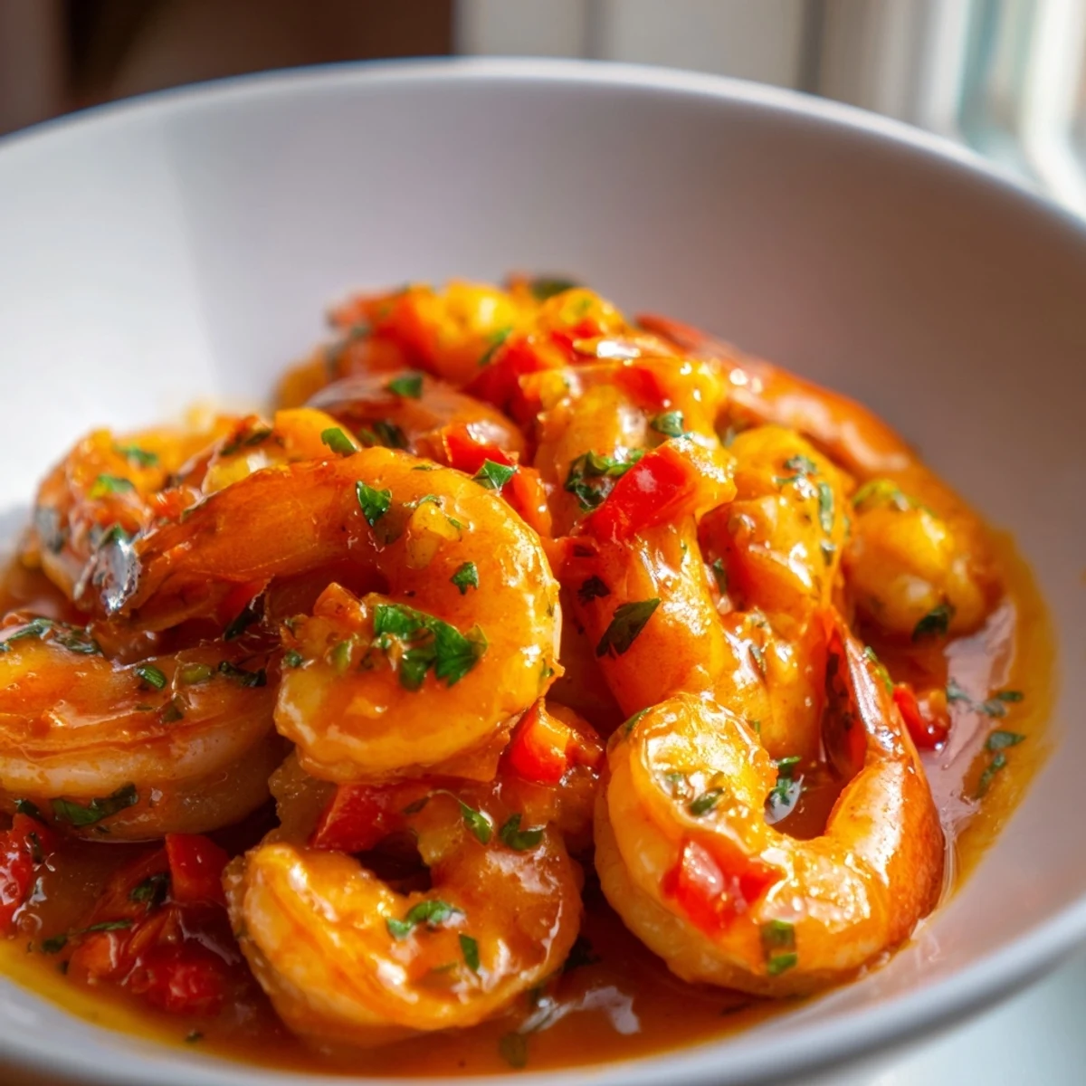 Sizzling garlic paprika shrimp skillet with pink succulent shrimp in smoky spiced olive oil