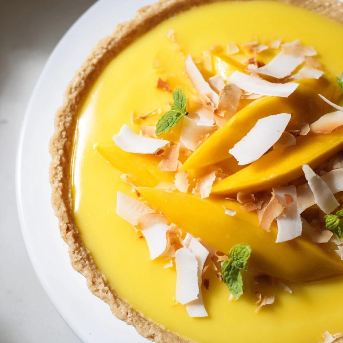 Golden mango curd tart topped with fresh mango slices and toasted coconut flakes on white plate