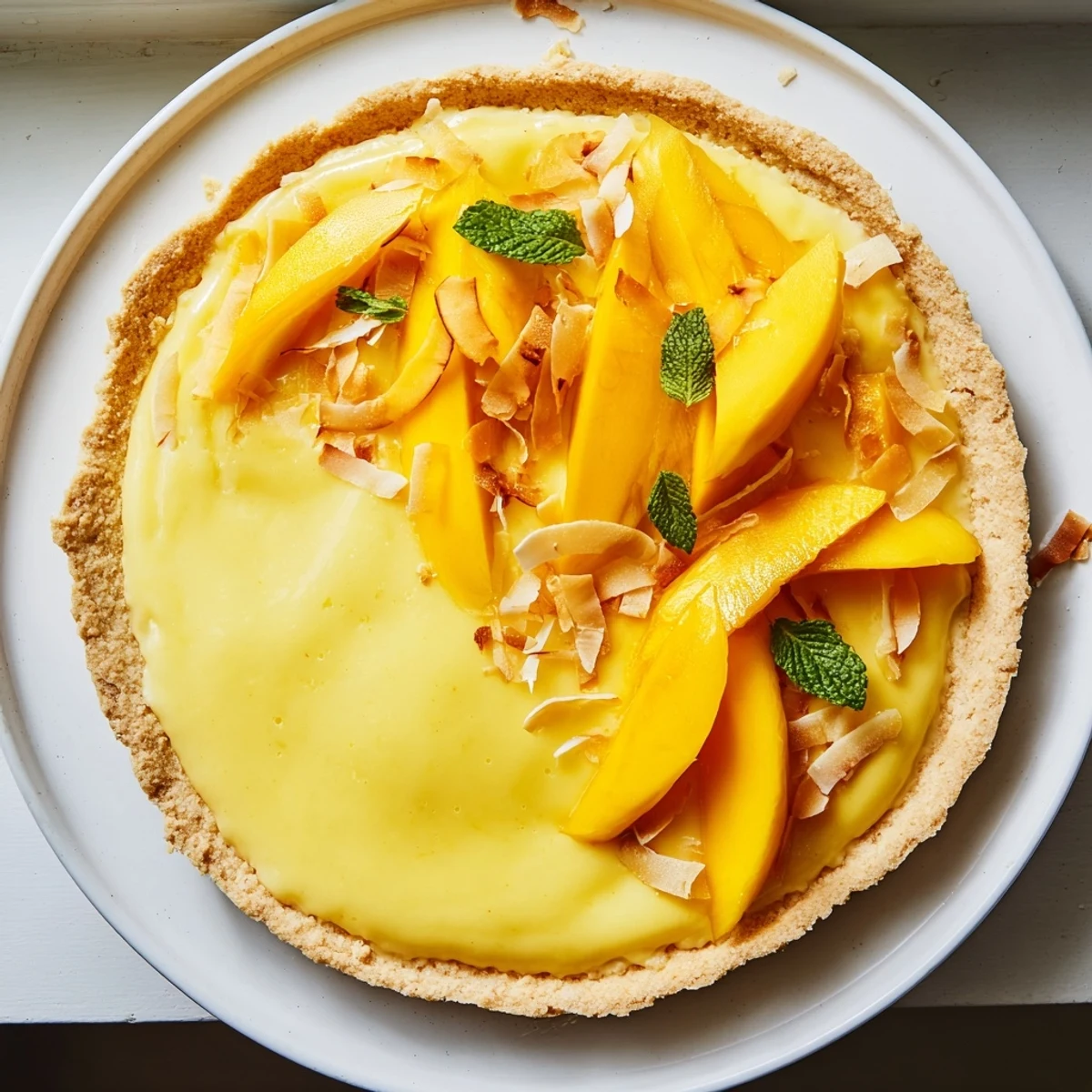 Creamy mango curd tart with buttery crisp crust sliced and served on elegant dessert plate