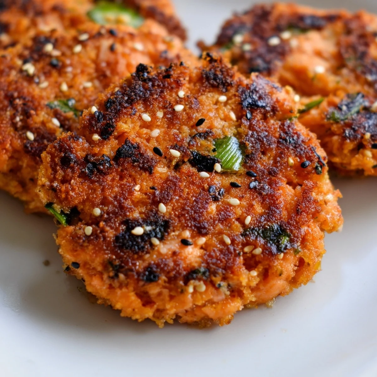 Golden crispy Harissa Sesame Salmon Patties sizzling in a nonstick skillet with visible sesame seed coating