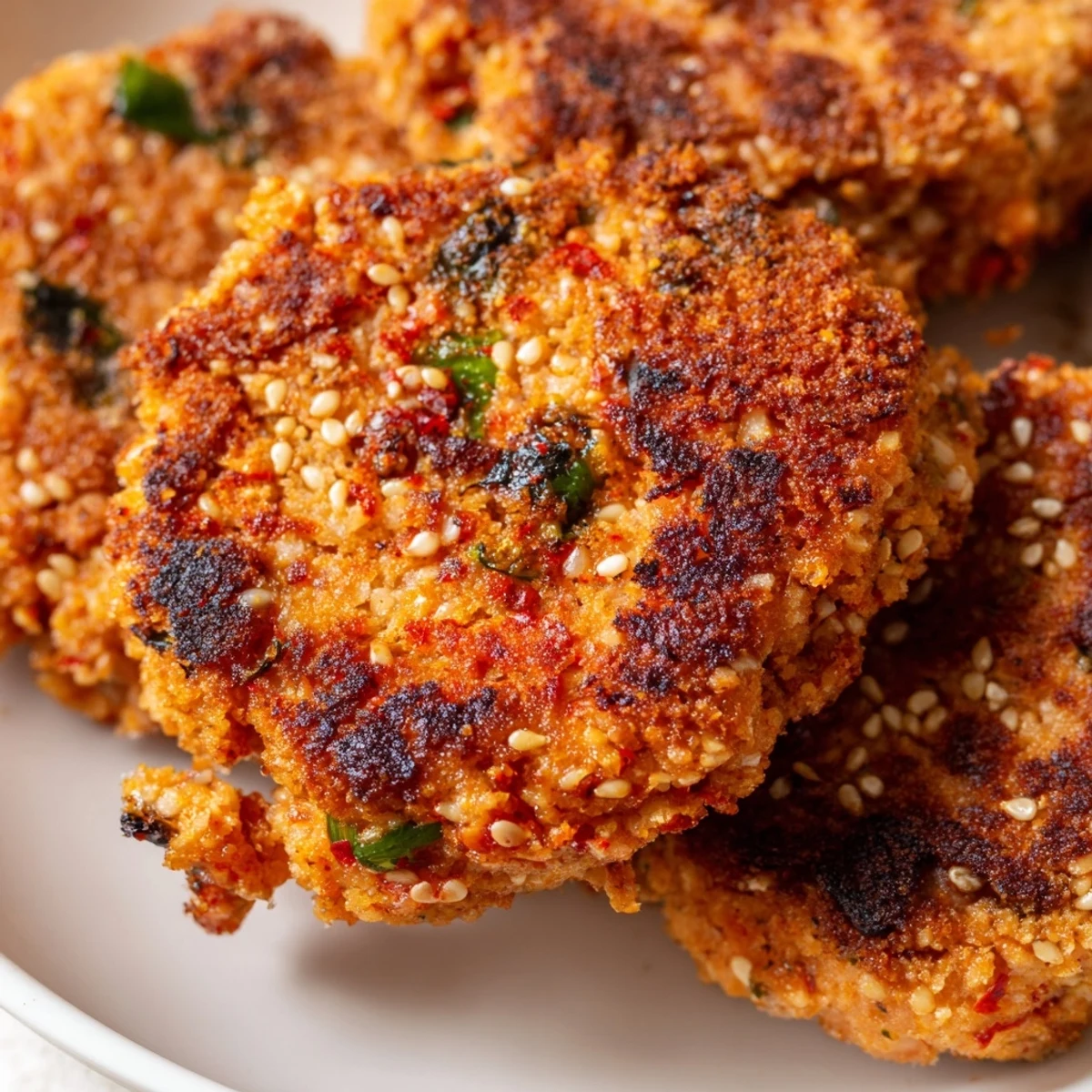 Spicy Harissa Sesame Salmon Patties served with fresh cilantro and lemon wedges on a white plate
