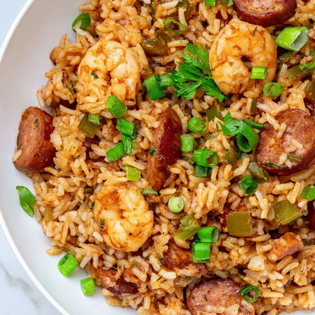 Shrimp and Sausage Dirty Rice in a cast iron skillet garnished with fresh parsley