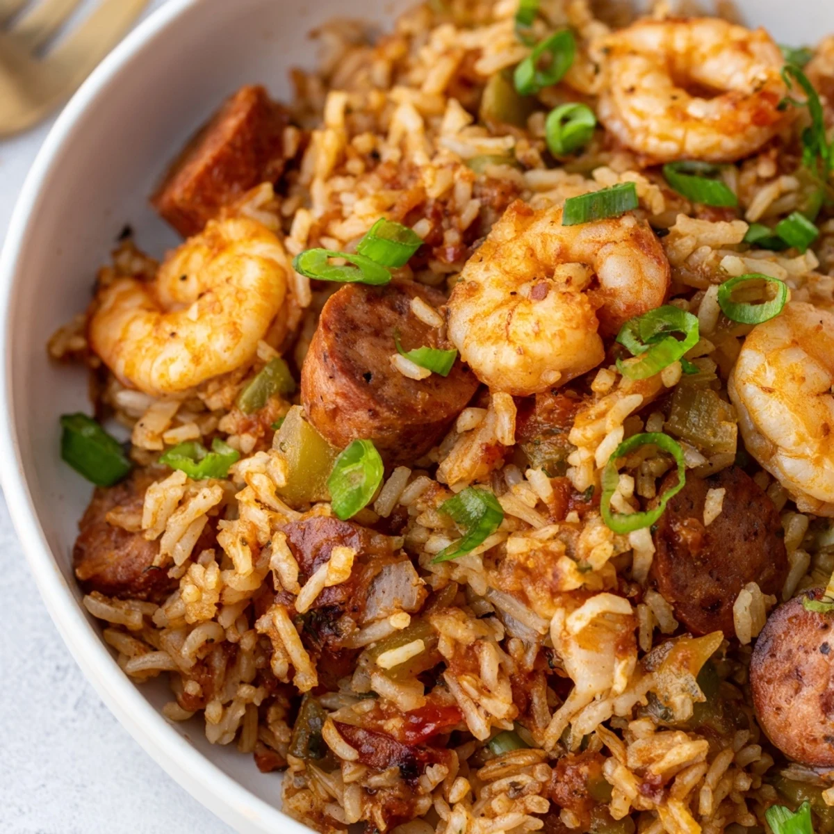 Golden shrimp and Sausage Dirty Rice with tender vegetables in a rustic pan