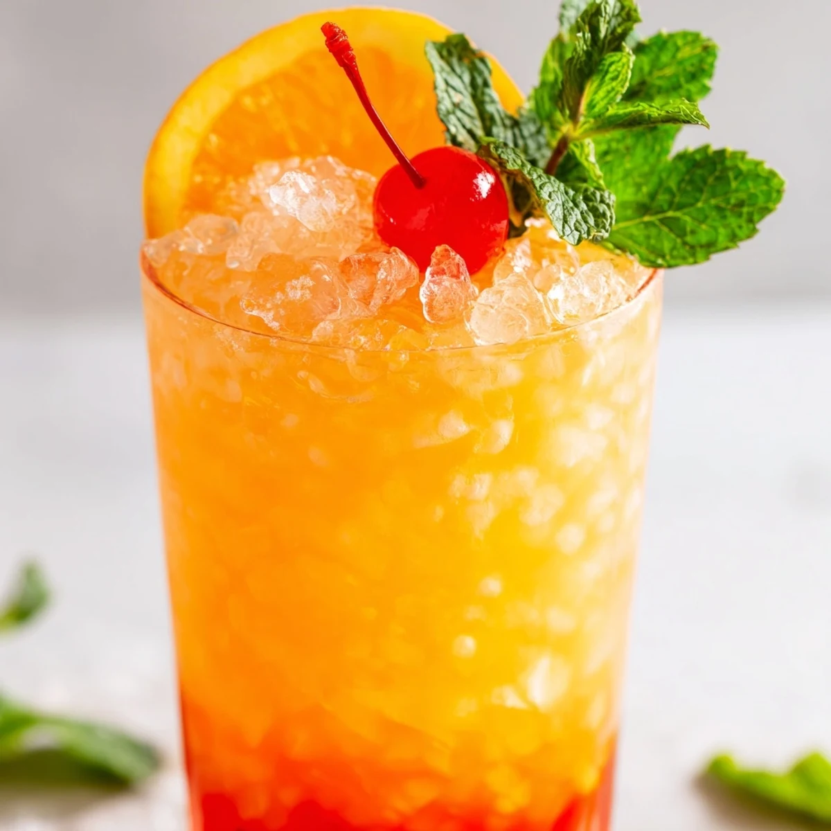 Non Alcoholic Mai Tai in a rocks glass with cherry, orange slice, and crushed ice