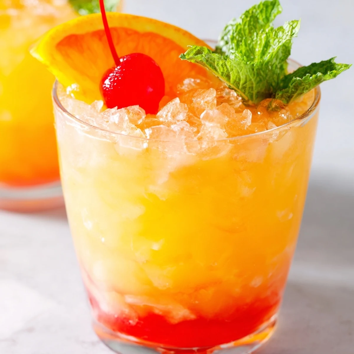 Tropical Non Alcoholic Mai Tai mocktail with layered grenadine and fresh mint garnish
