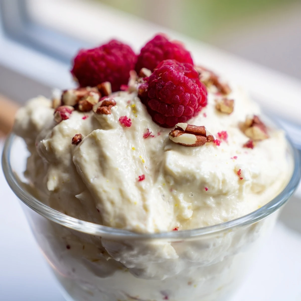 Creamy keto cheesecake fluff topped with fresh red berries in a glass bowl