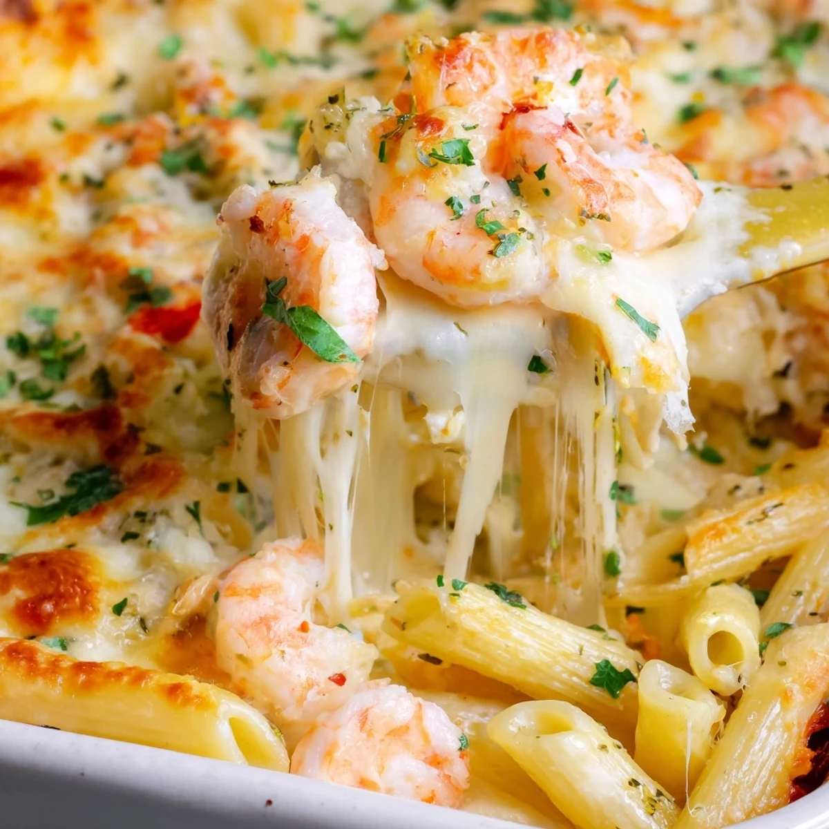 Bubbling shrimp scampi pasta bake with golden mozzarella and parmesan crust