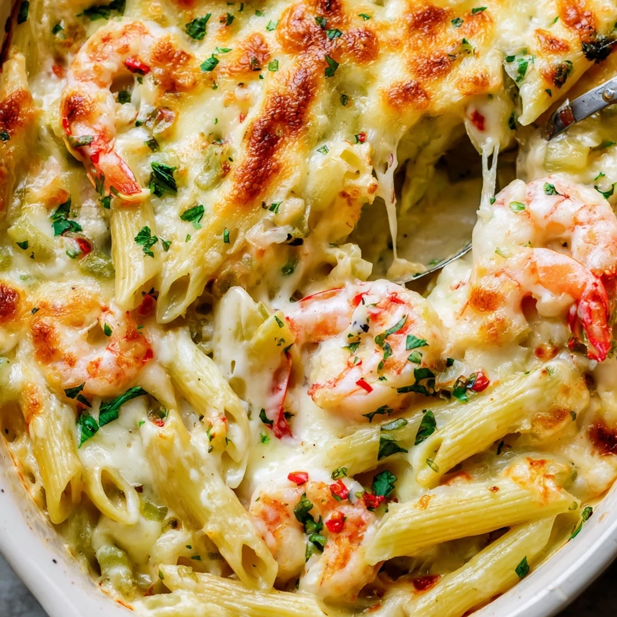 Succulent shrimp tucked into creamy lemon-garlic shrimp scampi pasta bake casserole