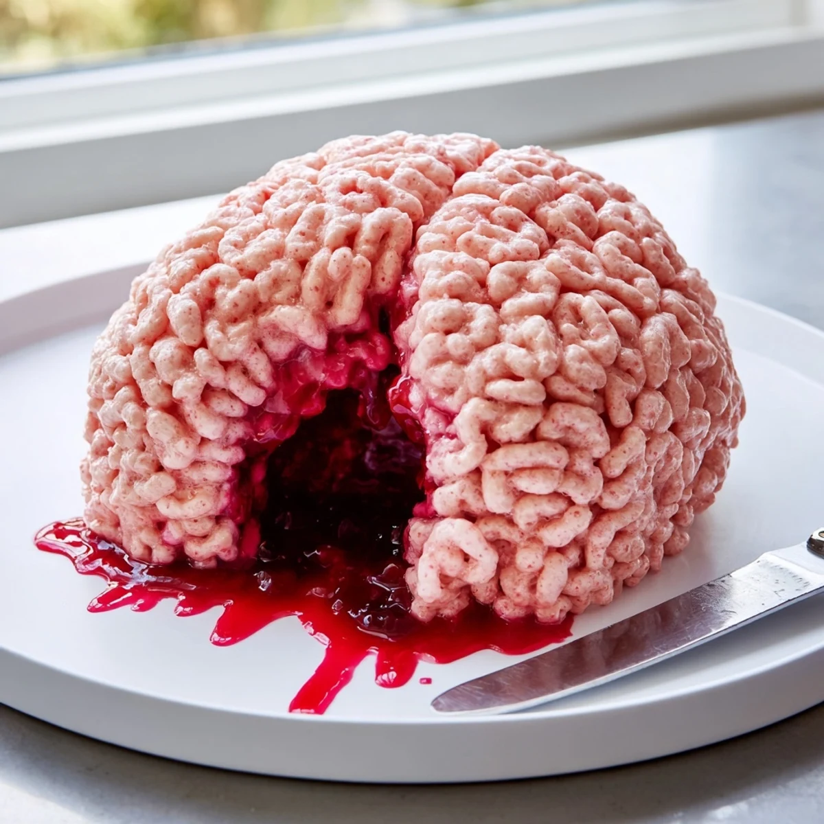 A spooky stuffed crispy rice cereal brain oozing with bright red berry filling on a party platter