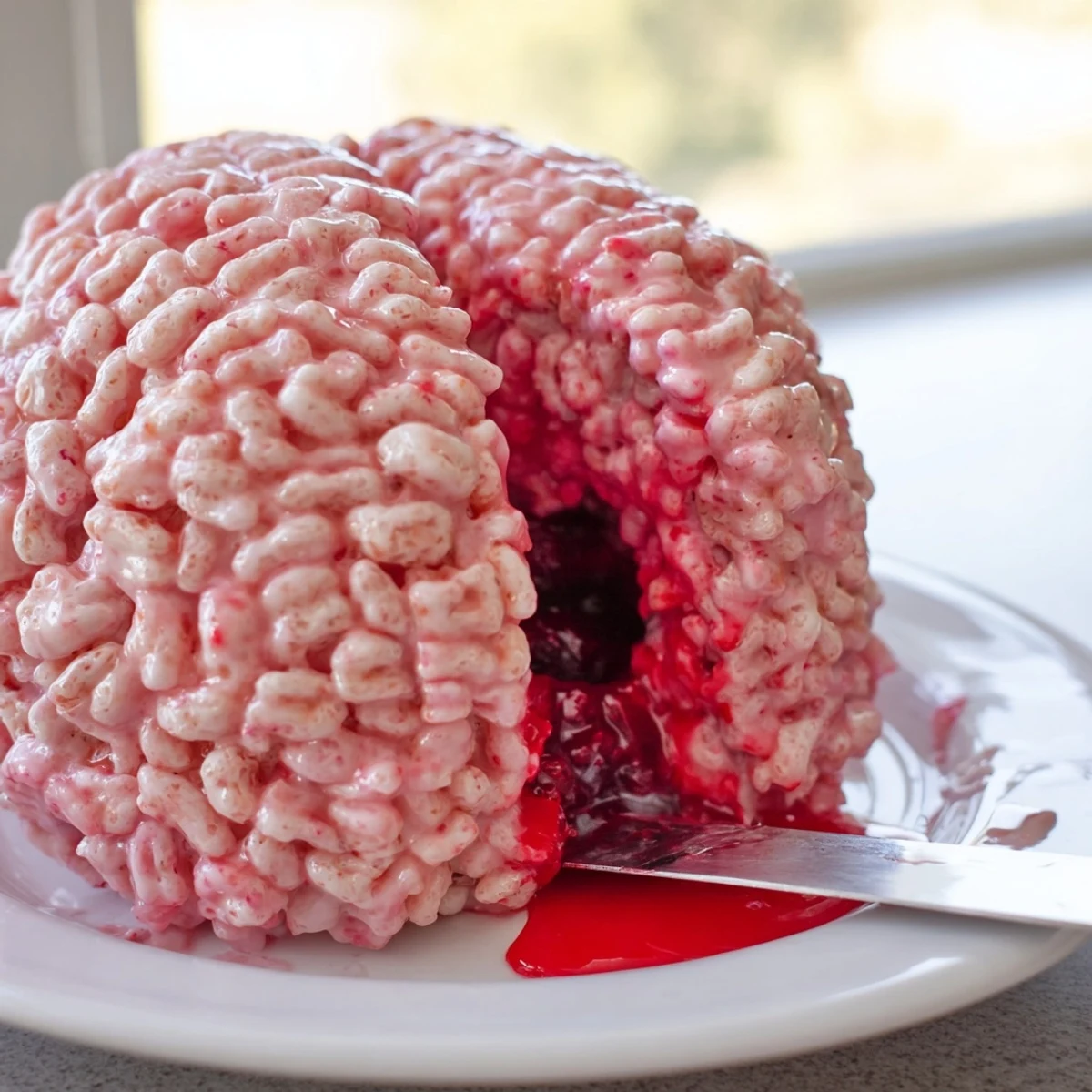 Pink frosted spooky stuffed crispy rice cereal brain sliced open revealing a gooey jam center