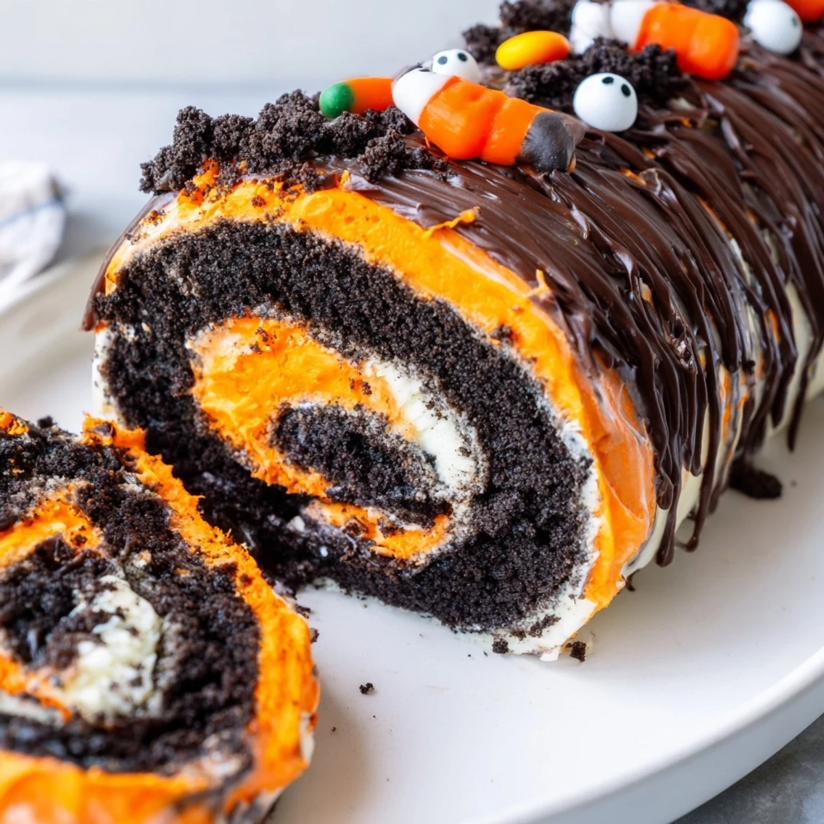 A spooky Halloween Oreo Roll sliced and drizzled with chocolate on a festive platter