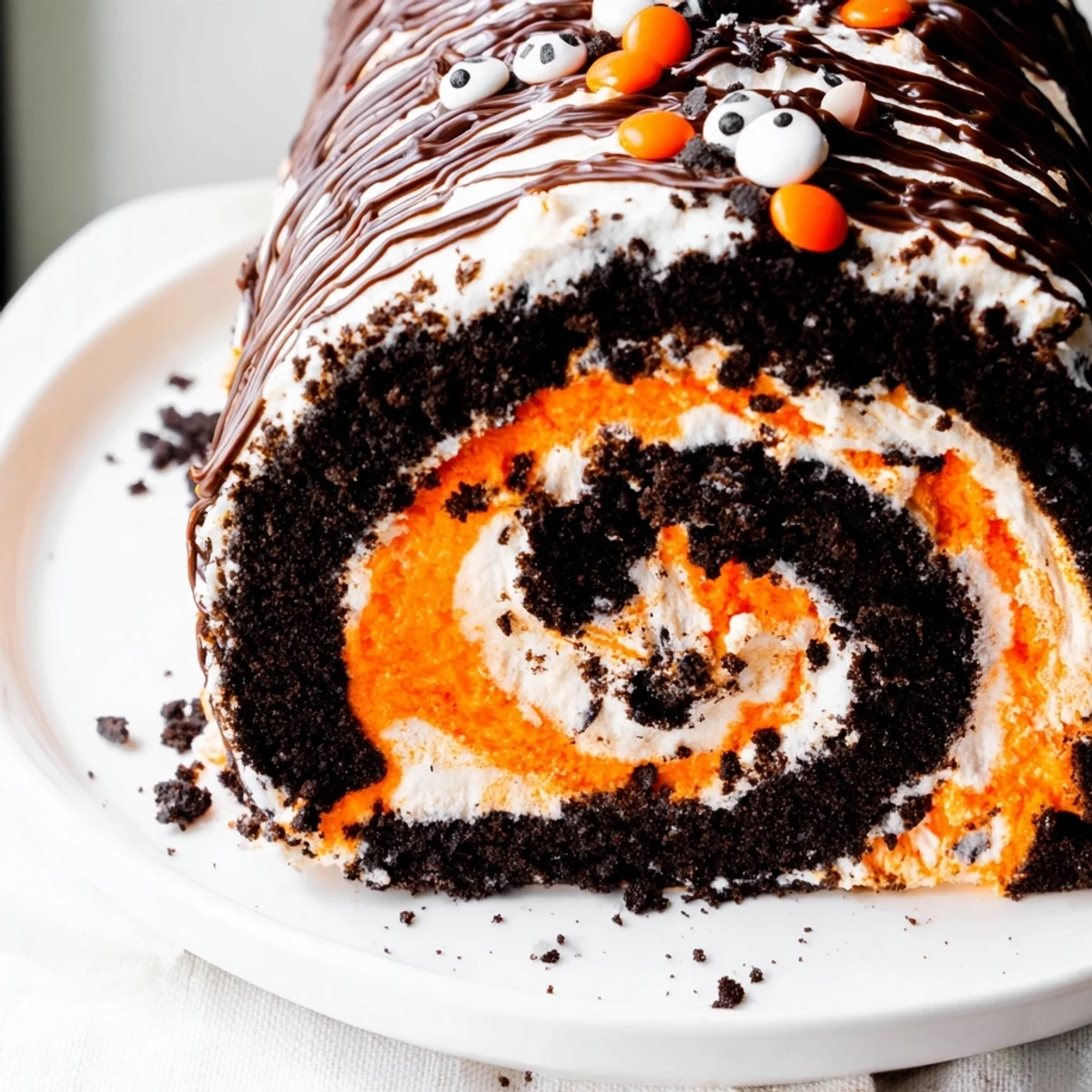 Colorful Halloween Oreo Roll topped with candy eyes and seasonal sprinkles chilled to perfection