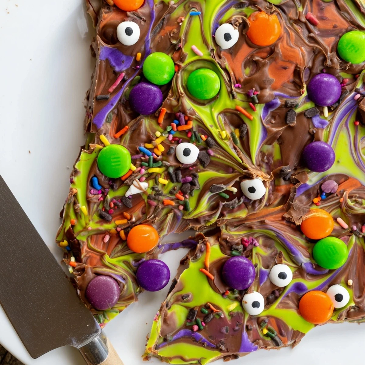 Melting Witches Bark with swirled chocolates, candy eyes, and colorful Halloween sprinkles