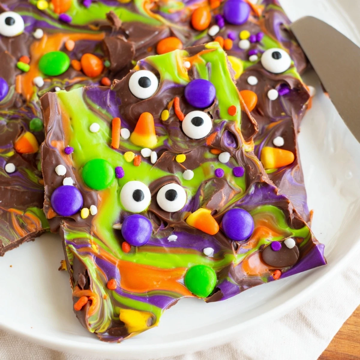 Melting Witches Bark broken into rich marbled pieces studded with festive candies