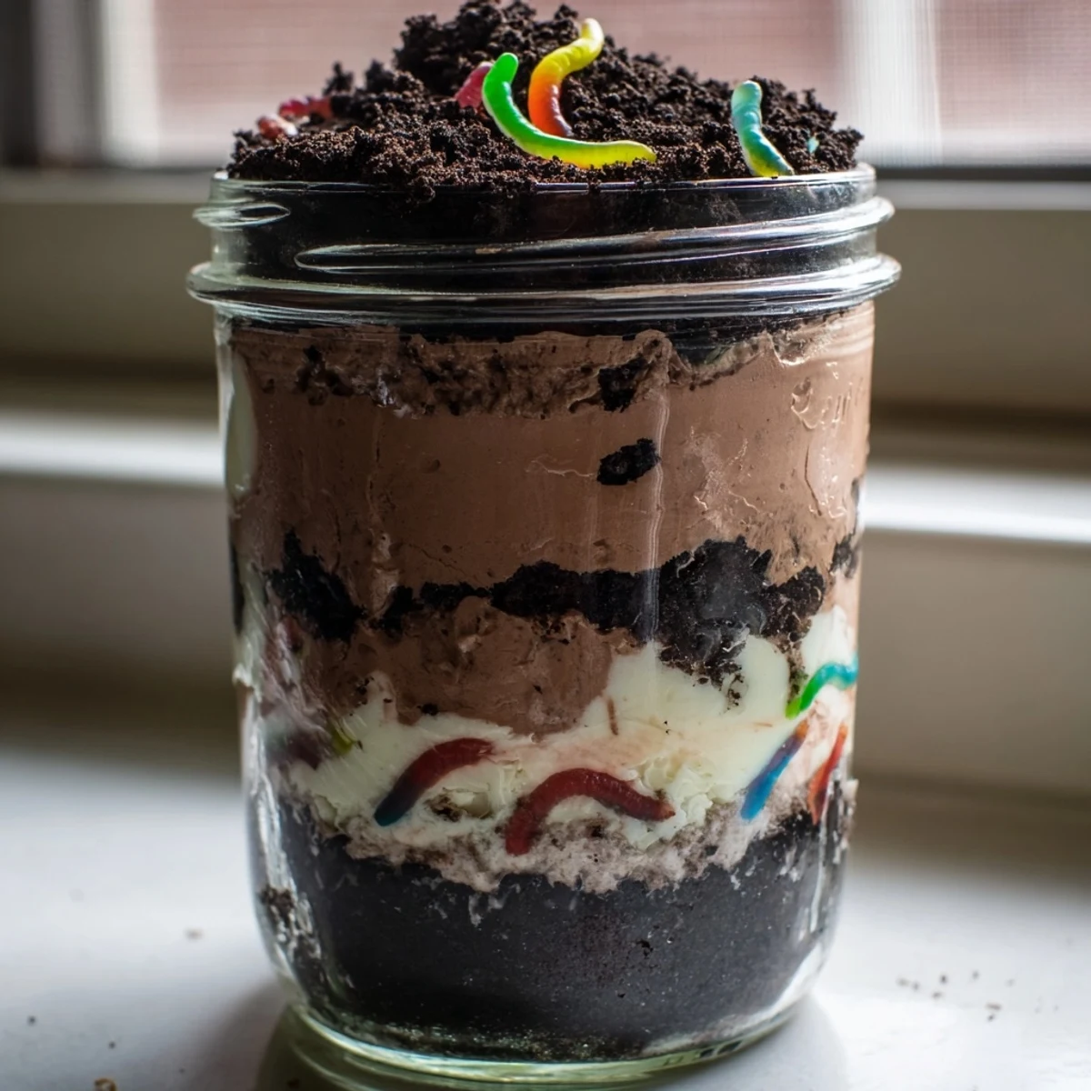 Creamy dirt pudding layered with crushed cookies and playful gummy worms in individual cups
