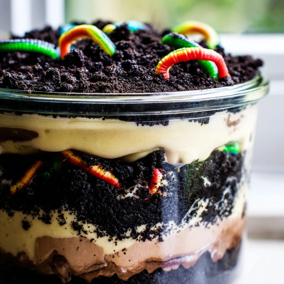 Rich chocolate dirt pudding topped with cookie crumbs and colorful candy worms for parties