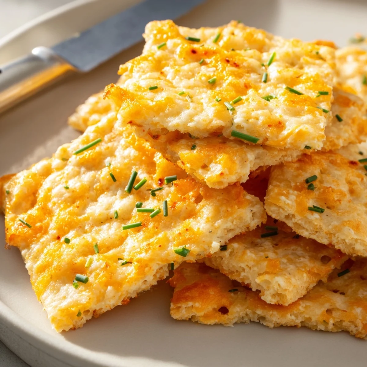 Golden baked cheese and herb snack squares served on a rustic wooden board