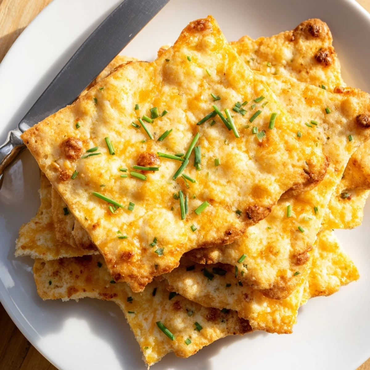 A plate of ultra-crispy baked cheese and herb snack squares ready for dipping