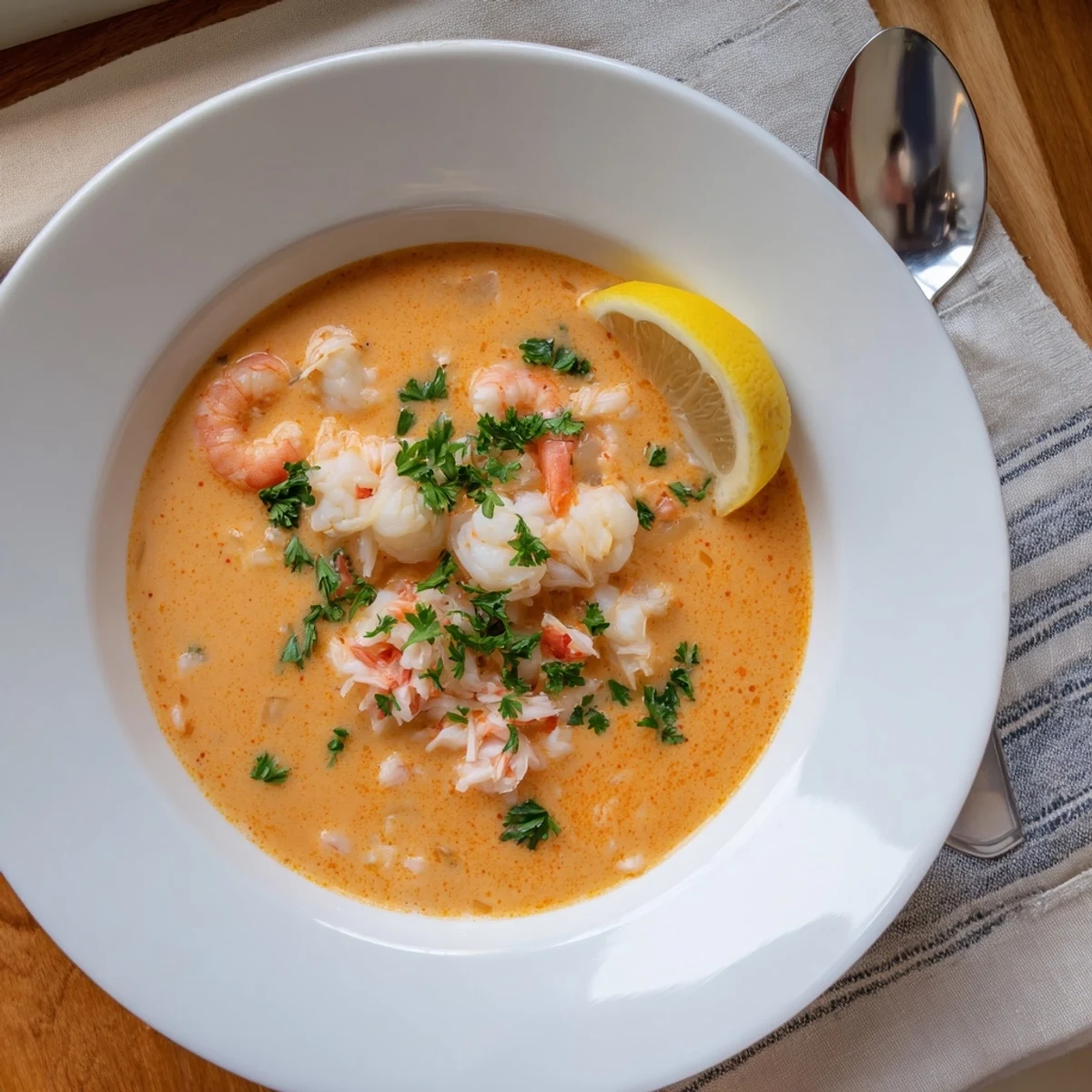 Velvety creamy crab and shrimp bisque garnished with fresh parsley in a bowl.