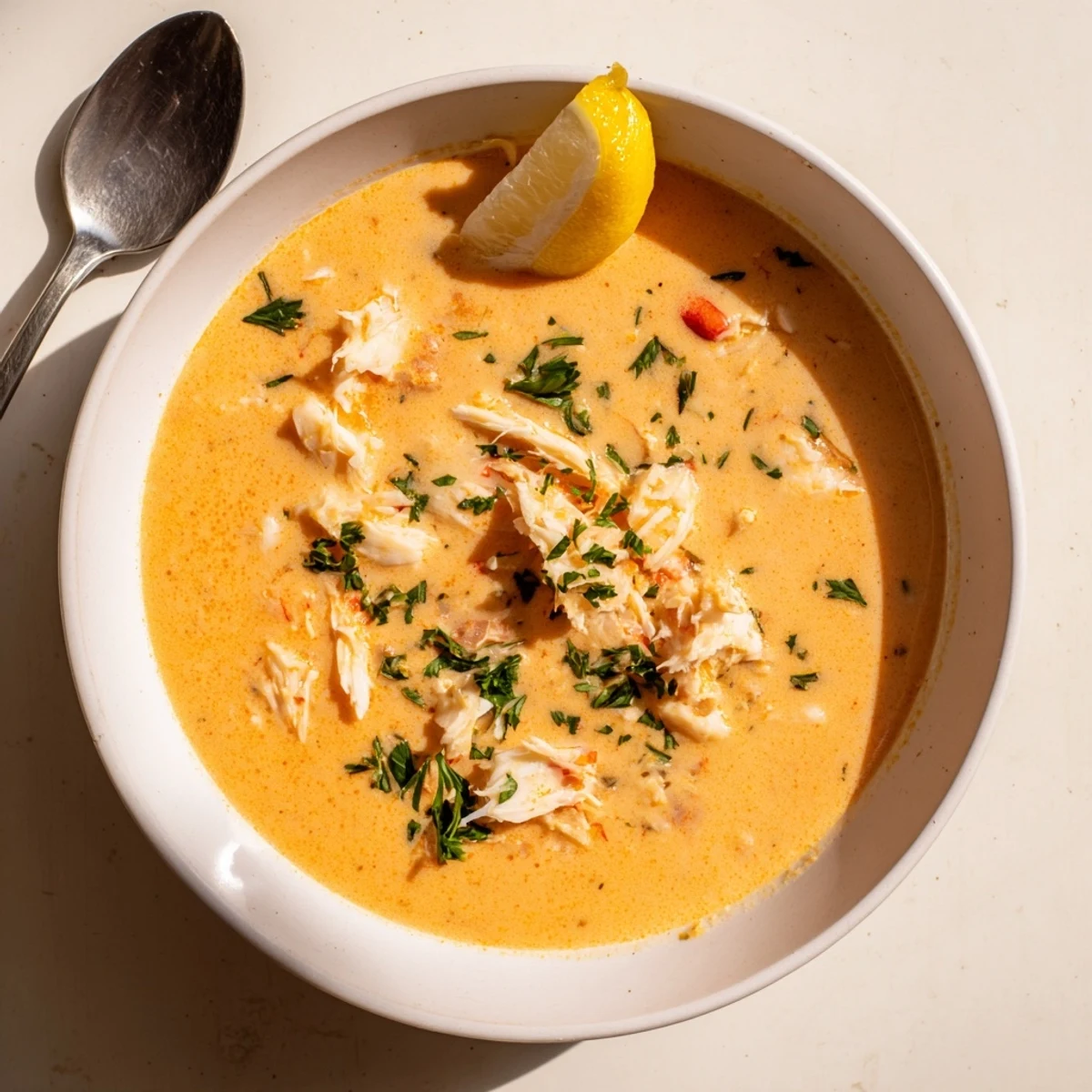 Creamy crab and shrimp bisque ladled into a rustic bowl with lemon wedge.
