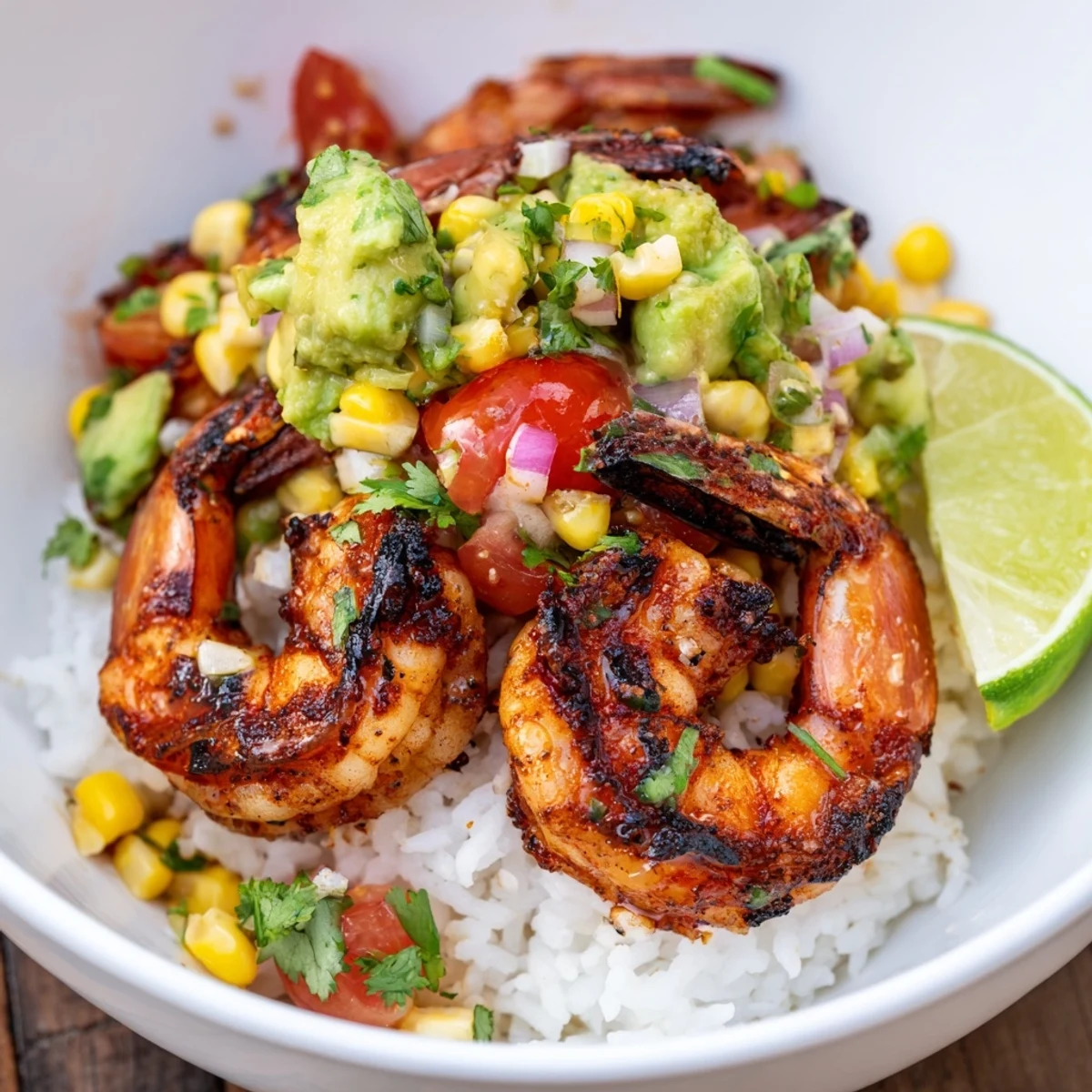 Charred grilled shrimp bowl with avocado corn salsa over fluffy white rice