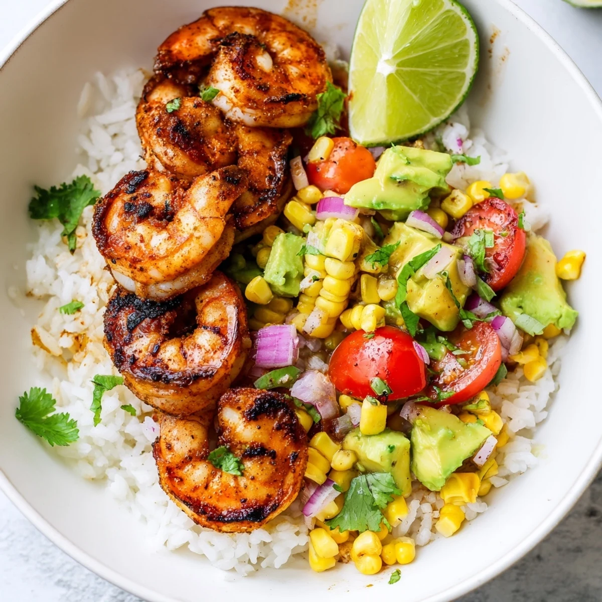 Smoky grilled shrimp bowl with avocado corn salsa served in a rustic bowl