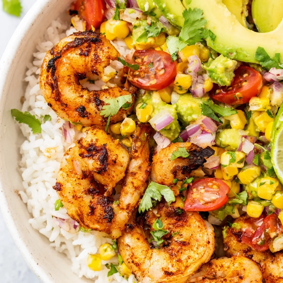 Succulent grilled shrimp bowl with avocado corn salsa garnished with fresh lime wedges