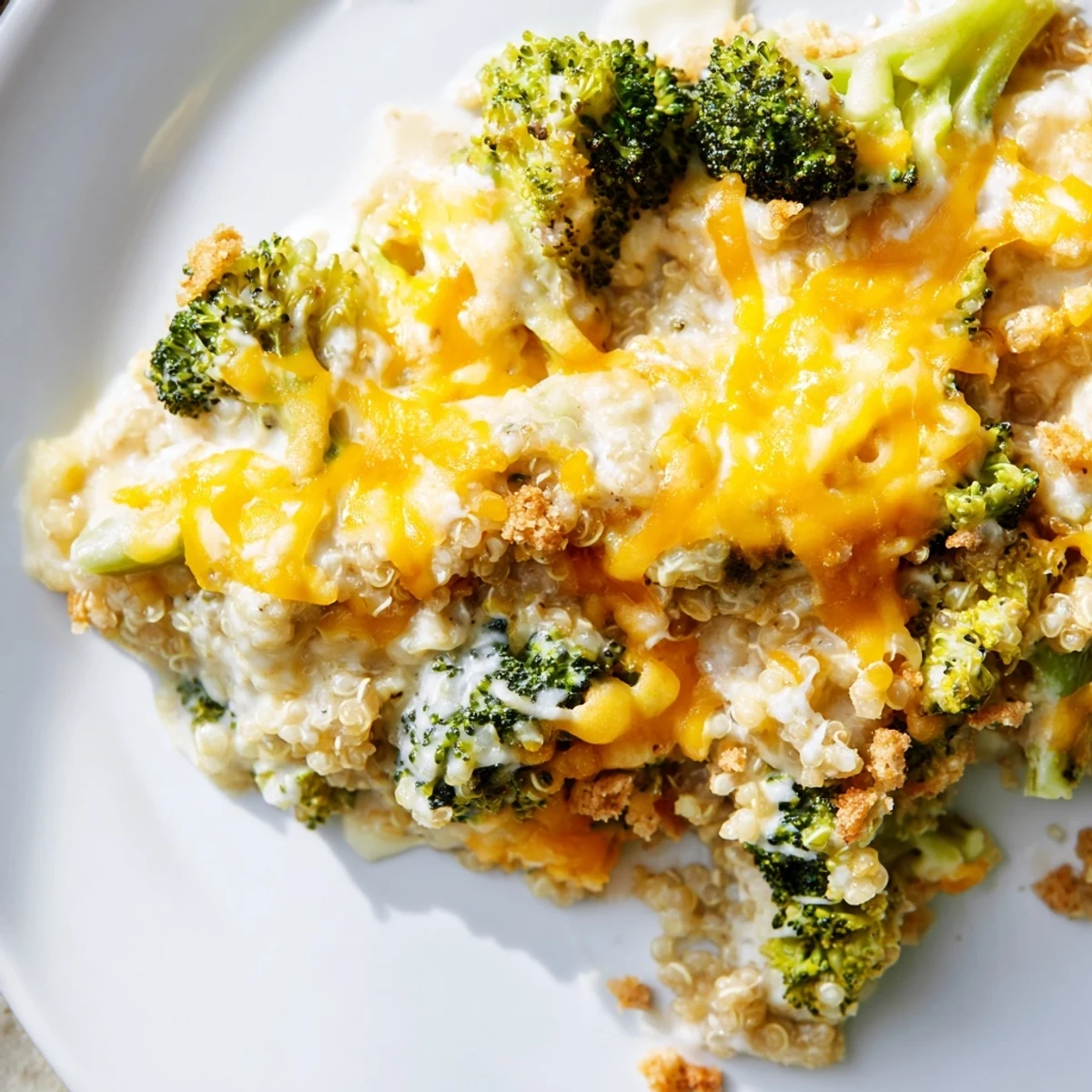 Golden creamy broccoli quinoa casserole bubbling in a 9x13 baking dish