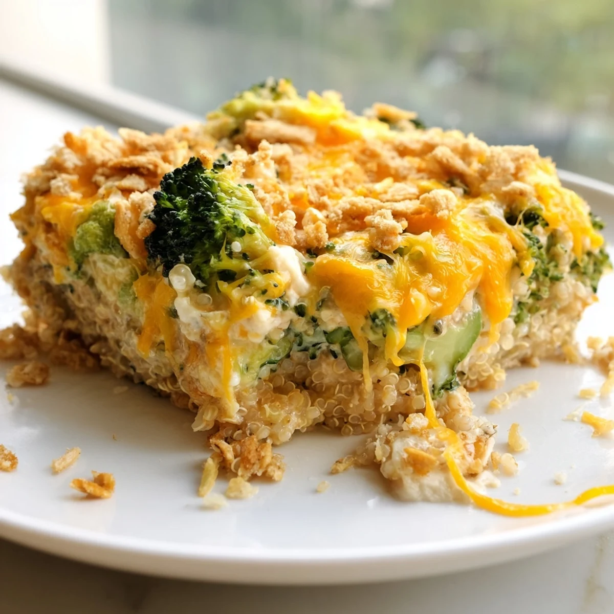 A cozy vegetarian creamy broccoli quinoa casserole served warm from the oven