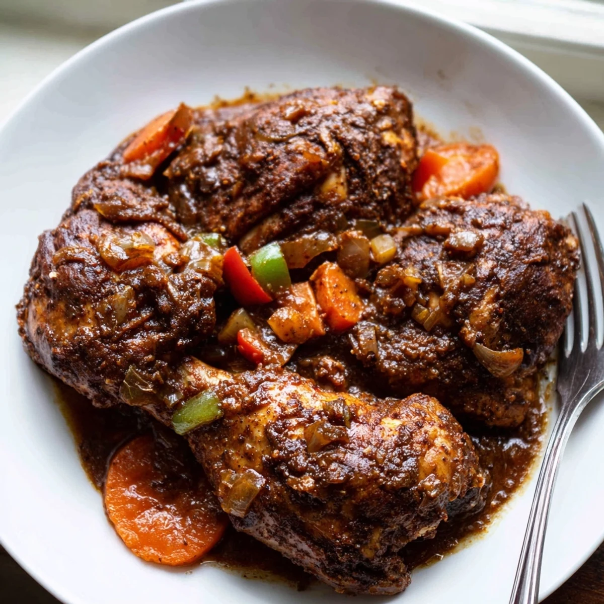 Jamaican brown stew chicken with bell peppers and carrots in thick sauce