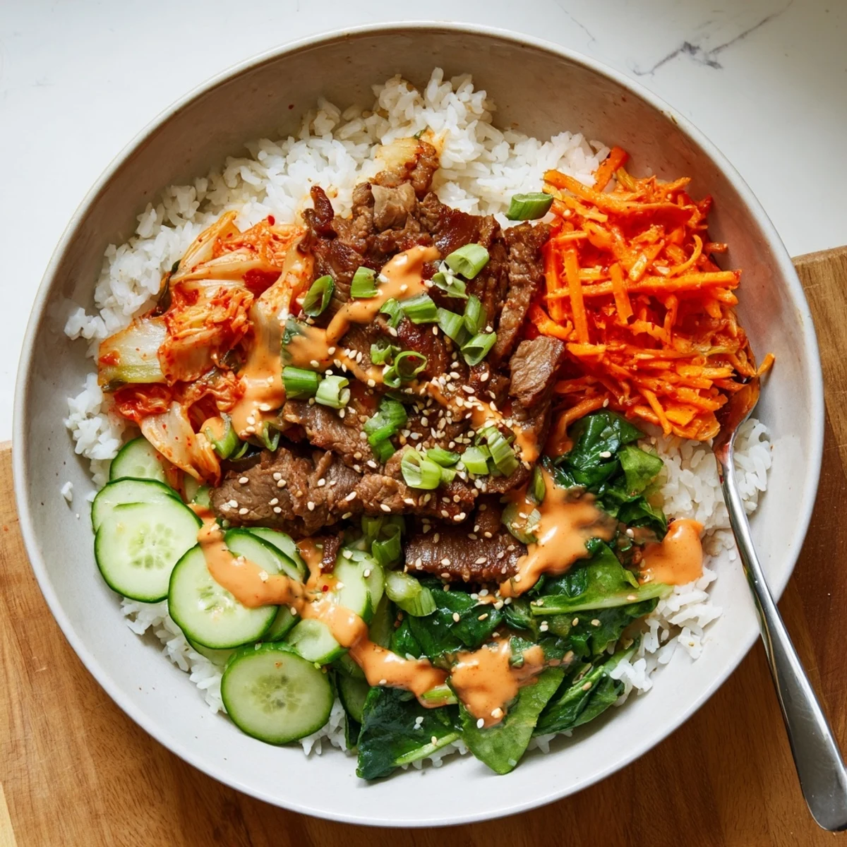 A loaded Korean BBQ steak rice bowls topped with kimchi and toasted sesame seeds