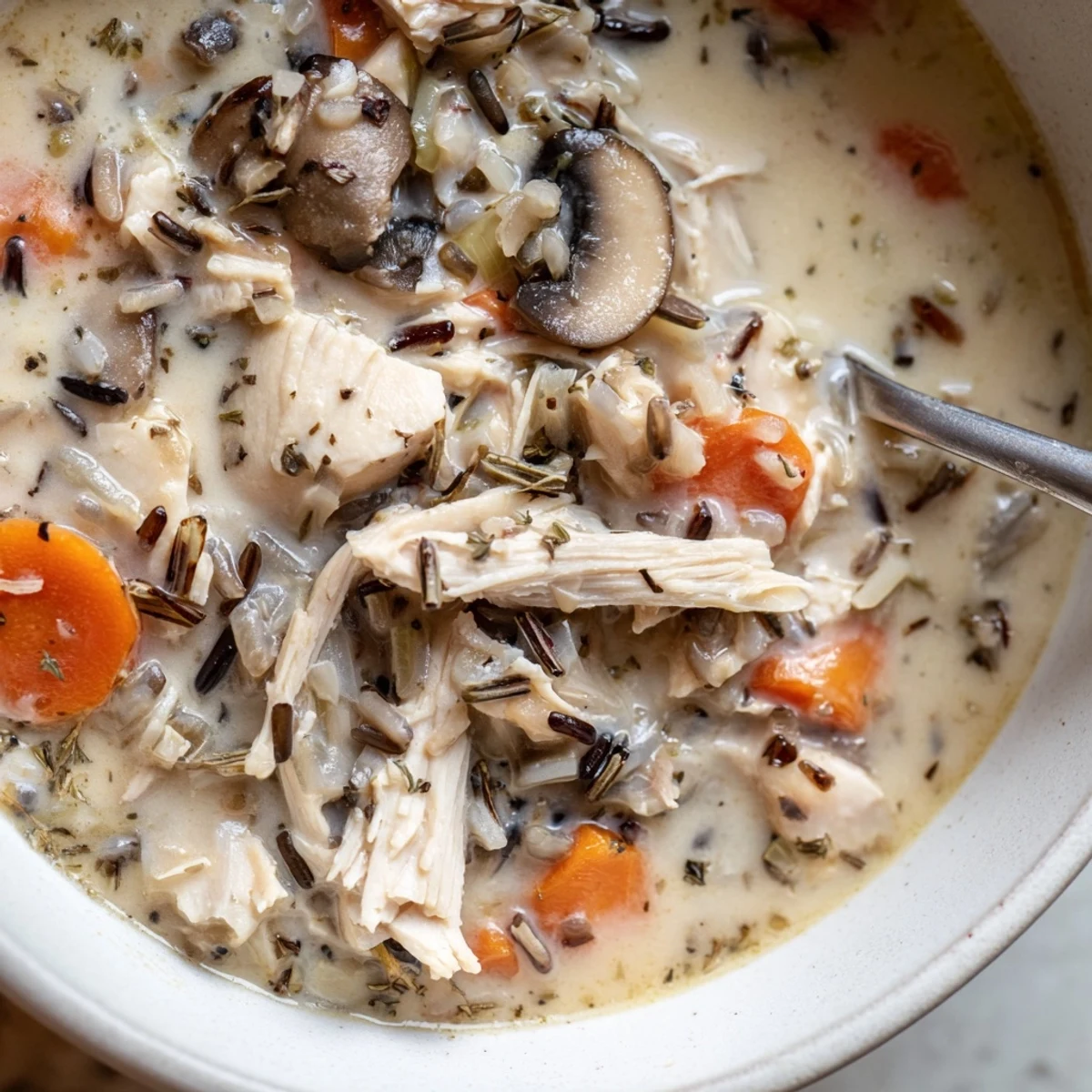 Steaming bowl of creamy slow cooker chicken mushroom wild rice soup with shredded chicken and crusty bread
